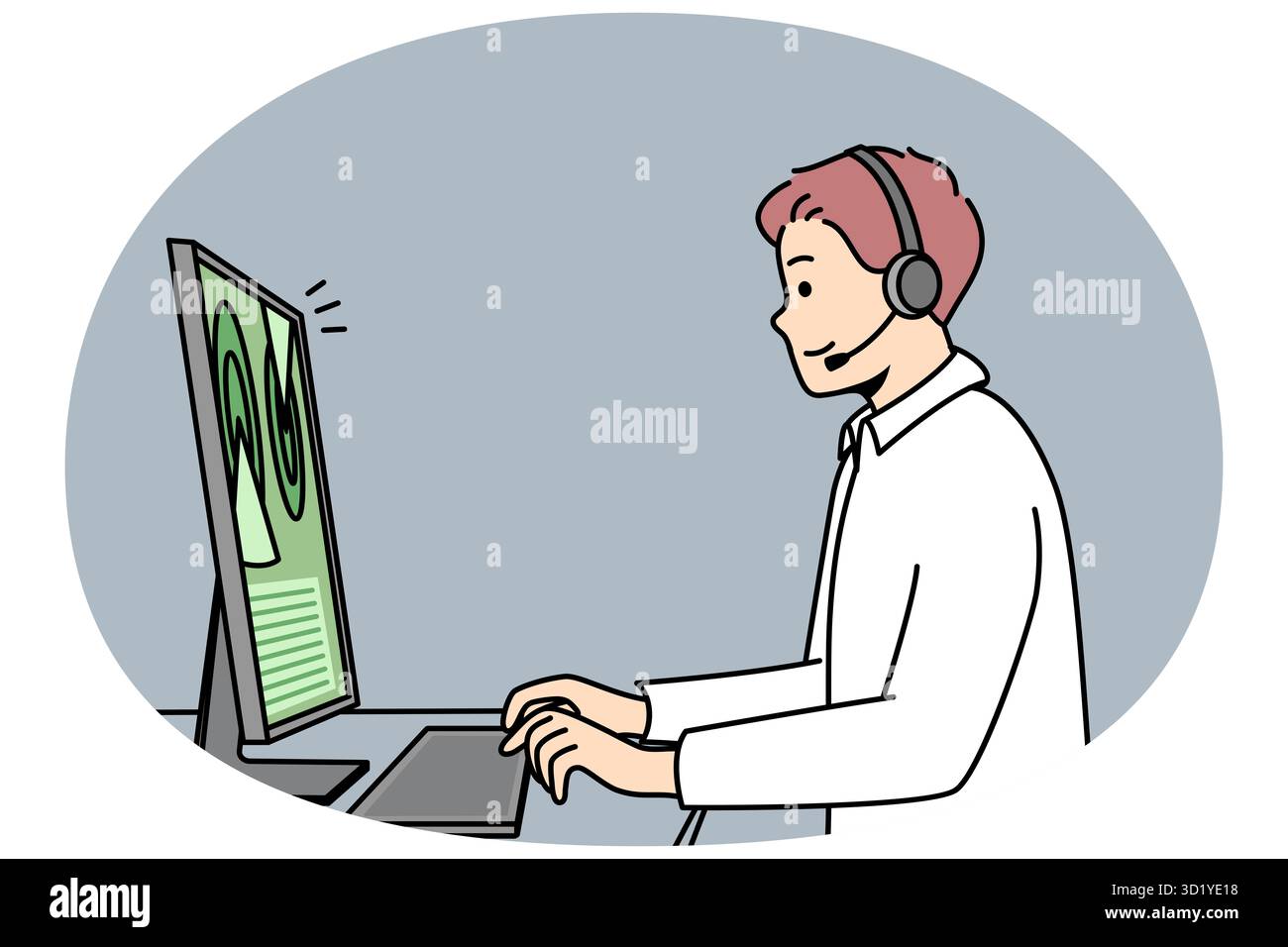 Webdesigner für Headsets arbeitet am Computer. Der man-Programmierer in den Kopfhörern sitzt am Schreibtisch, tippt auf der Tastatur vor dem Bildschirm, programmiert. Custo Stockfoto