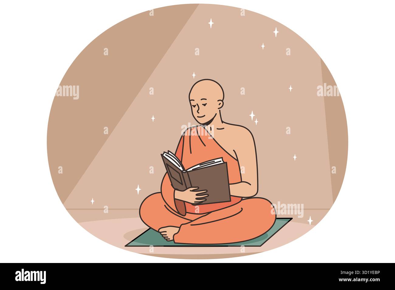 Buddhistischer Mönch liest altes Buch auf dem Teppich. Religiöse Votare erhalten heiliges Wissen aus alten Abhandlungen. Ein Mann, der an Gott glaubt, findet Weisheit Stockfoto