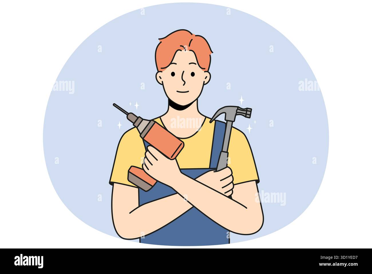 Lächelnder junger Mechaniker in einheitlicher Handhaltung von Werkzeugen. Glücklicher Techniker oder Ingenieur mit Bohrer und Hammer bereit für die Reparatur. Vektorillus Stockfoto
