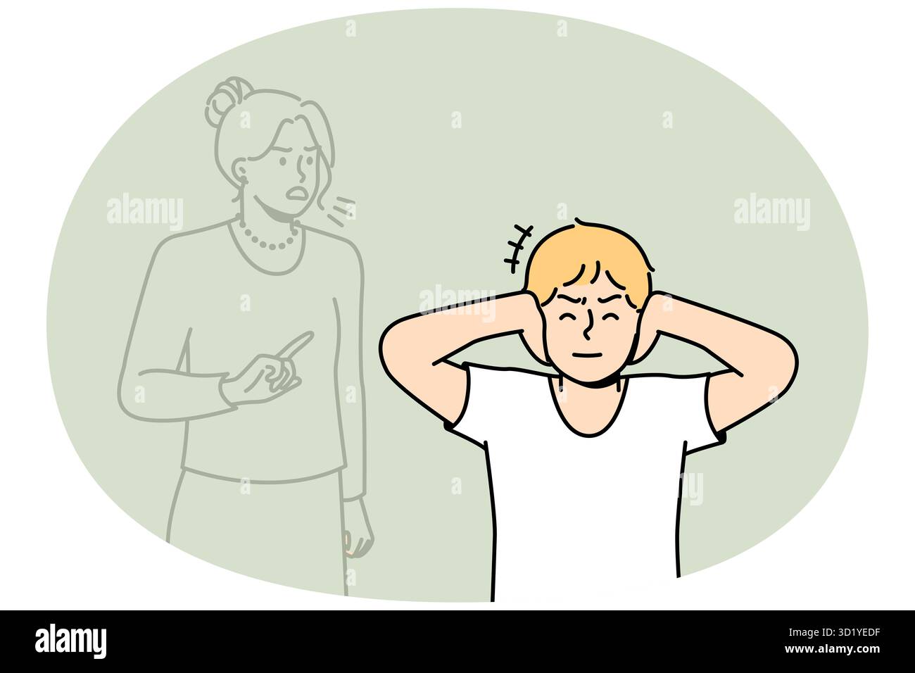 Der Junge schließt die Ohren, um nicht die Stimme seiner Mutter oder seines Lehrers zu hören, die ihn schimpfen. Der Schuljunge hat das Gefühl, ständig kritisiert zu werden. Psychologischer Druck Stockfoto