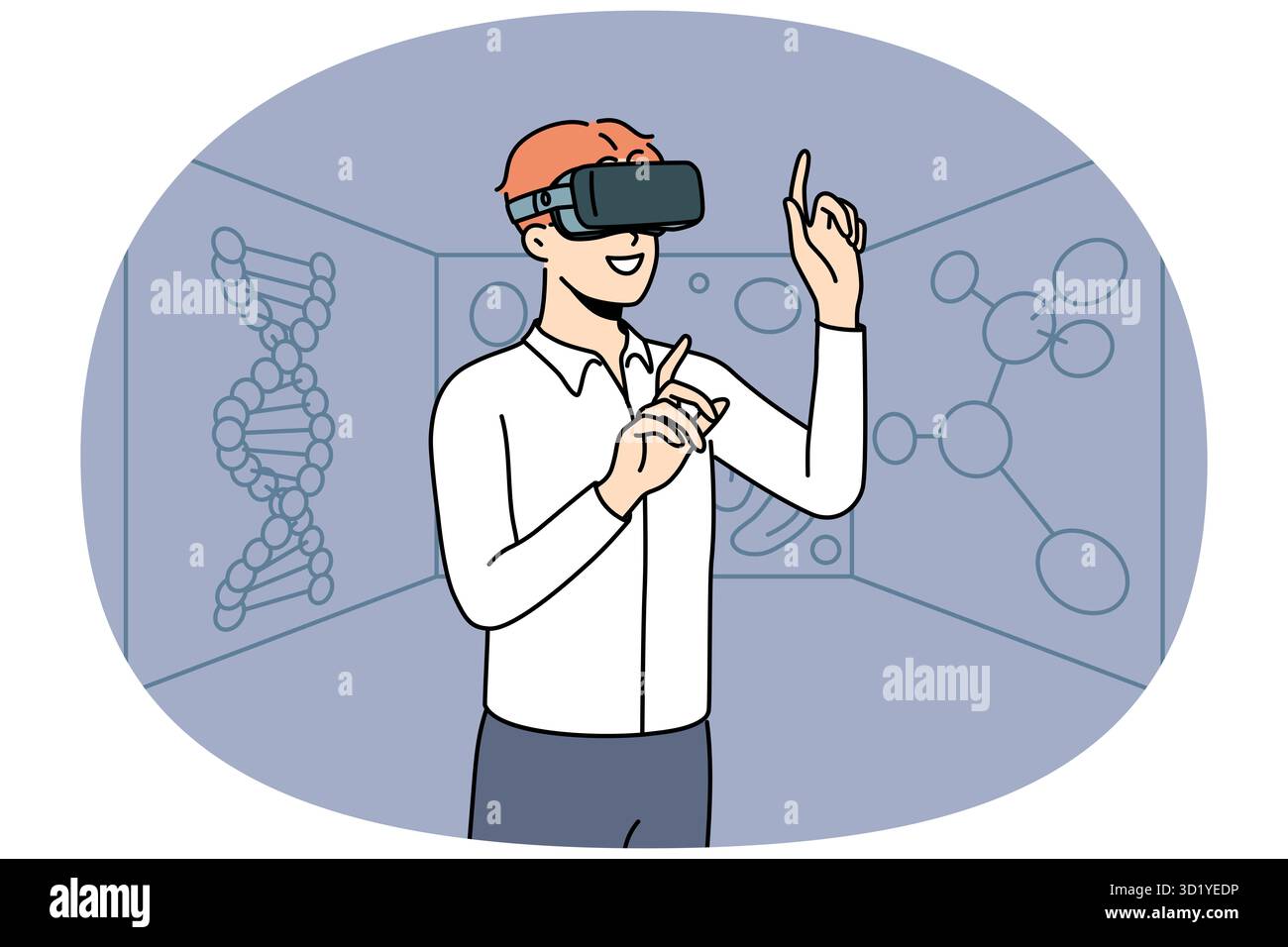 Ein lächelnder junger Mann mit VR-Brille erforscht chemische Elemente. Glückliche männliche Forscher oder Wissenschaftler von Virtual-Reality-Headsets entdecken Chemie. Vektor i Stockfoto