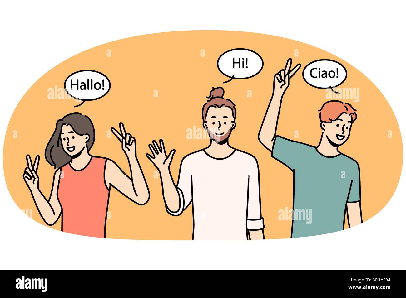 Lächelnde, multiethnische Menschen, die sich die Hände winken und in verschiedenen Sprachen gegrüßt werden. Fröhliche Männer und Frauen, die sich gegenseitig anfreunden. Multiethnische Gruppe. Vektorillus Stockfoto