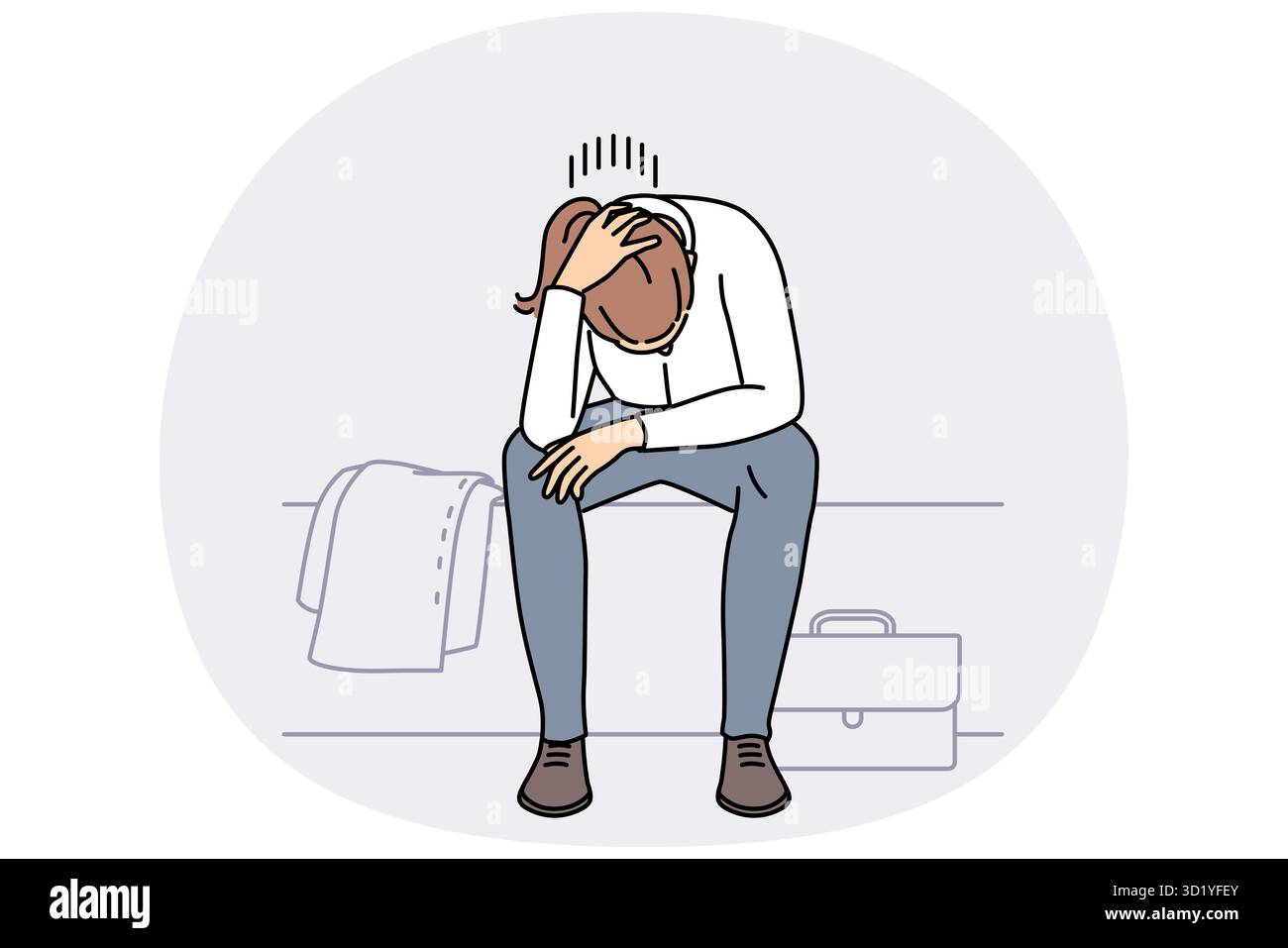 Eine junge Frau in Not fühlt sich niedergeschlagen und deprimiert bei der Arbeit. Unglückliche weibliche Mitarbeiter leiden unter Burnout oder Depression am Arbeitsplatz. Vektordarstellung. Stockfoto