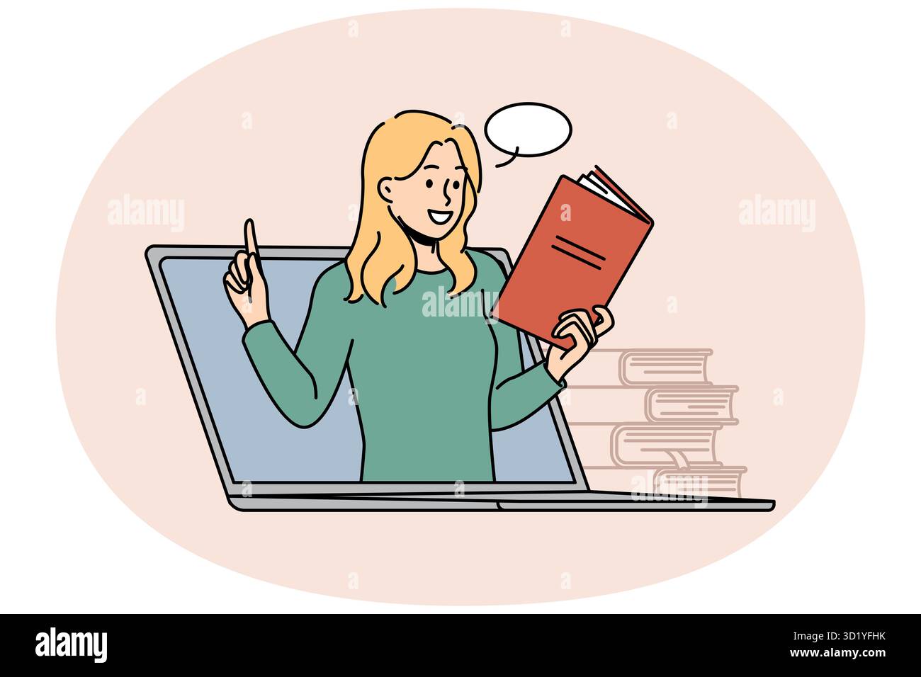 Junge Frau auf einem Laptop-Bildschirm, die Online-Unterricht über moderne Geräte hat. Lächelnde Lehrerin oder Lehrerin mit Webcam-Kurs für Buchführung am Computer. Bildung Stockfoto