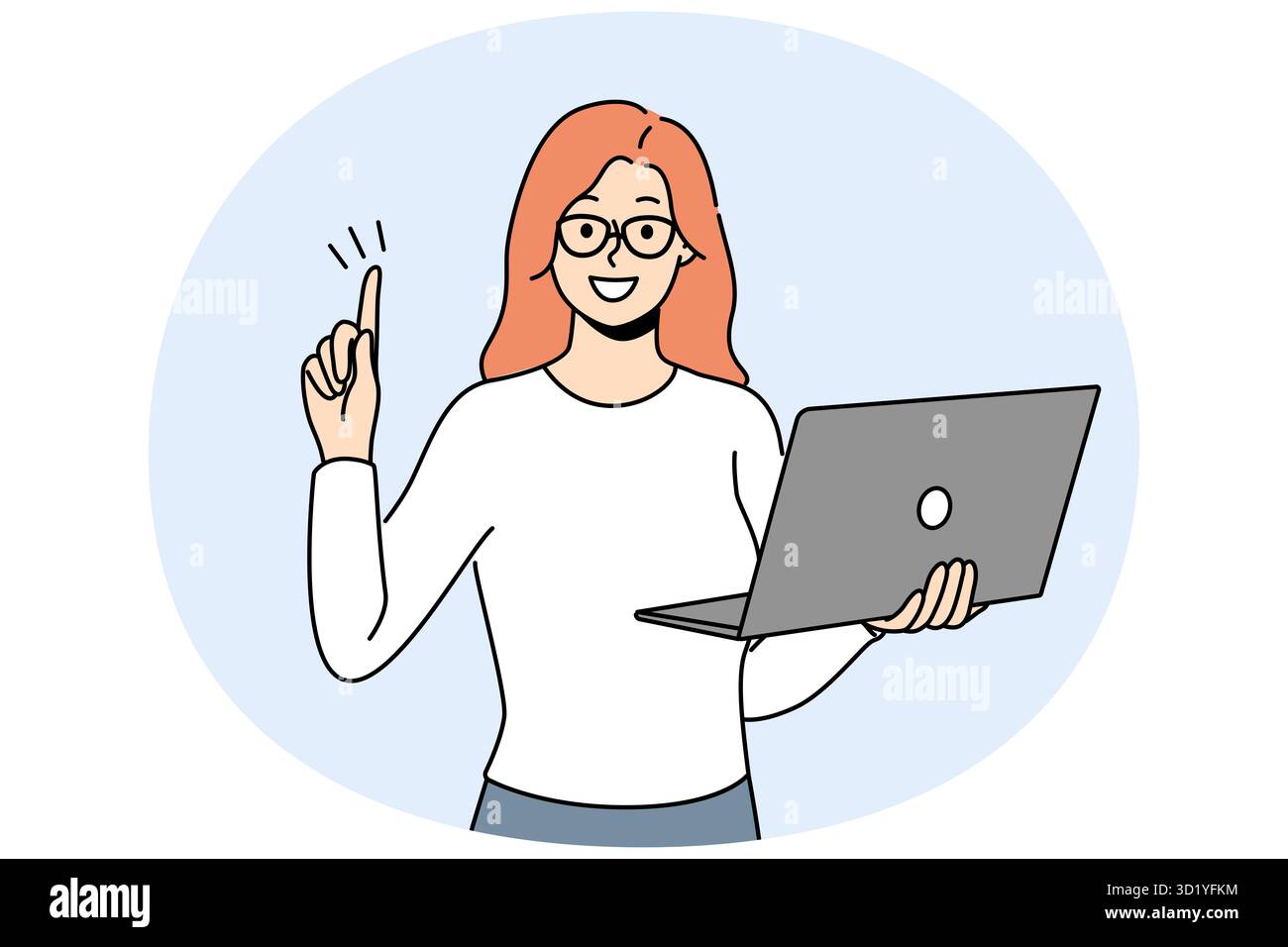 Lächelnde Geschäftsfrau mit Notebook in der Hand, die den Finger in die Luft steckt und sich für eine innovative Idee begeistert. Glückliche Angestellte generieren geschäftliche Denkarbeit auf Com Stockfoto