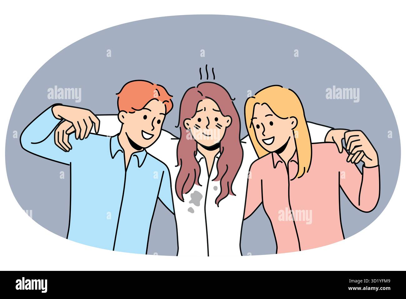 Unterstützende Mitarbeiter tragen unglückliche, verzweifelte weibliche Kollegen, die unter Misserfolg oder Unglück leiden. Pflegekräfte unterstützen Mitarbeiterin. Tee Stockfoto