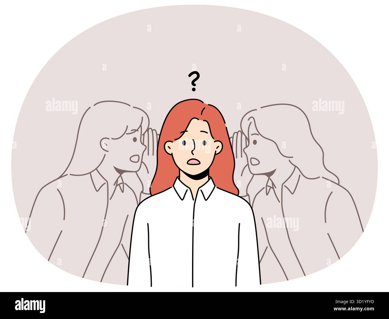 Verwirrte Frau hört auf innere Stimme. Frustrierte Frau hört andere Persönlichkeiten Zweifel an der Entscheidungsfindung. Vektordarstellung. Stockfoto