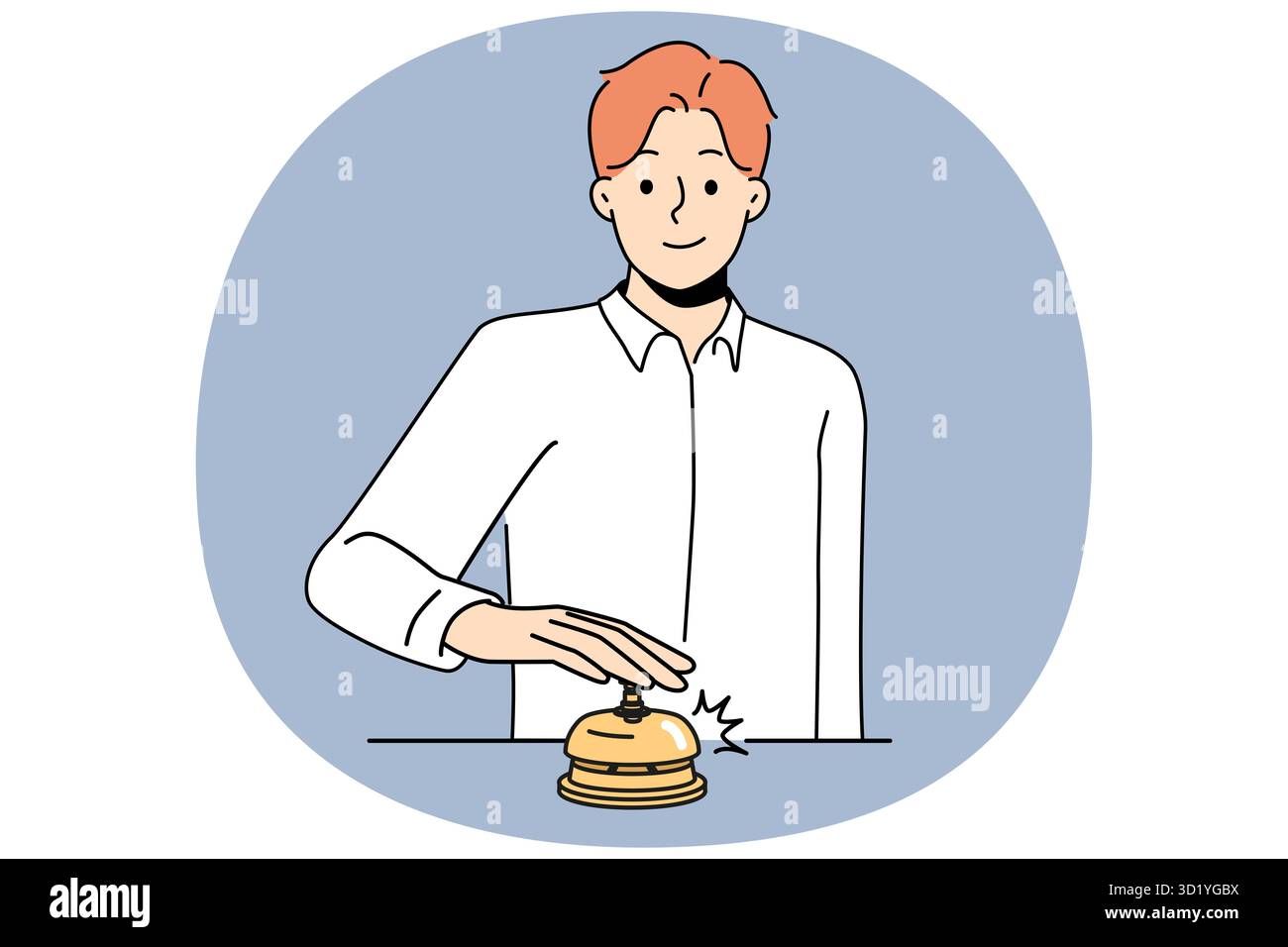 Lächelnder Mann, der an der Hotelrezeption die Glocke läutet und das Personal anruft. Glücklicher männlicher Kunde oder Kunde drückt den Klingelruf an der Verwaltungstheke. Vektorillustraten Stockfoto