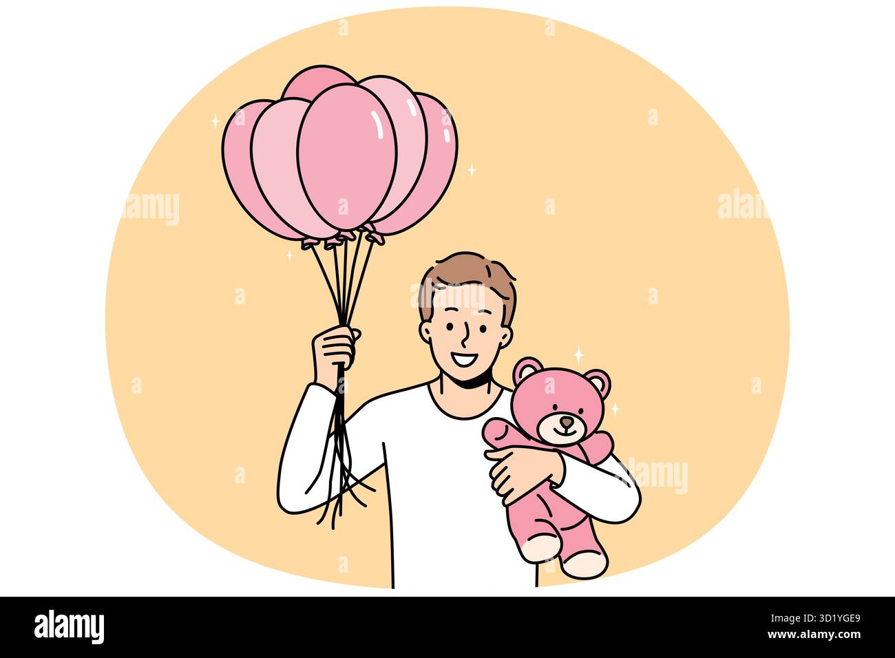 Lächelnder junger Mann mit Luftballons und Teddybär in den Händen, der eine liebevolle Freundin überrascht. Glücklicher Kerl macht ein Geschenk oder Geschenk an den Liebhaber zum Geburtstag Stockfoto