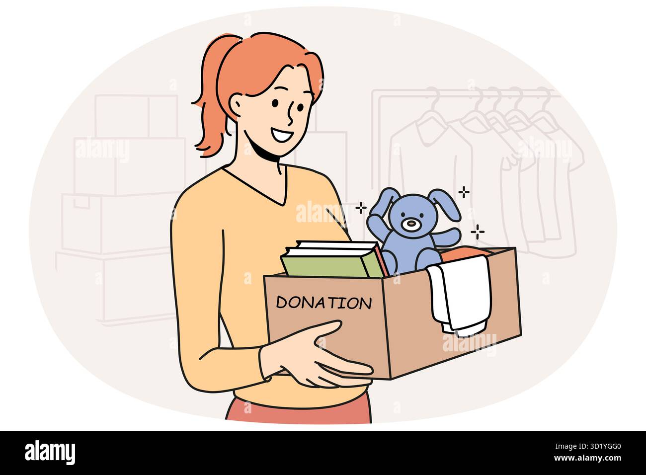 Lächelnde Frau mit Kiste mit persönlichen Gegenständen spenden an einen Wohltätigkeitsladen. Ein Mädchen macht Sachen und Bücher, spendet sie an bedürftige Menschen. Vektordarstellung. Stockfoto