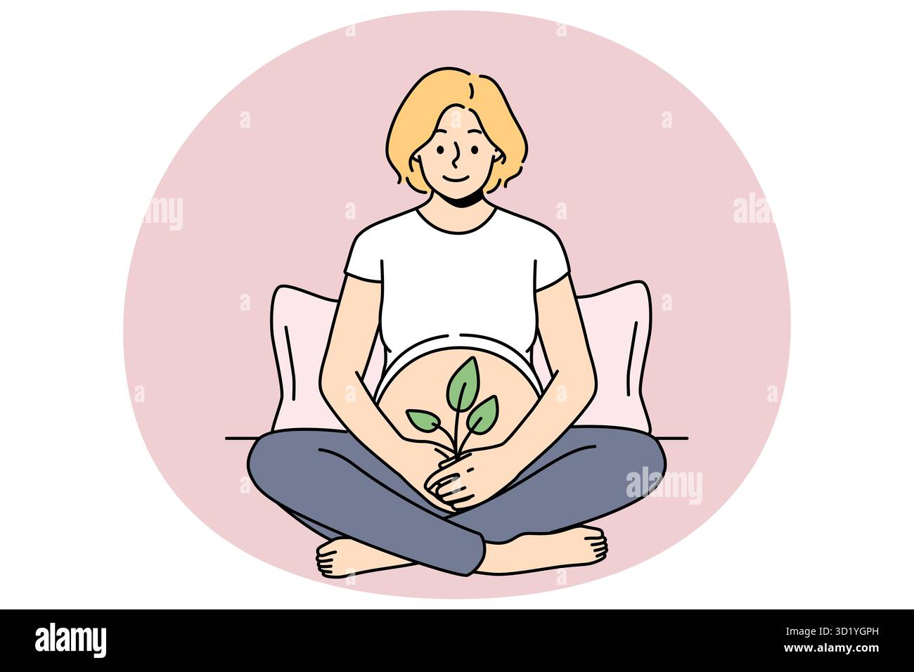 Lächelnde schwangere Frau sitzt auf dem Bett und hält grüne Pflanze am Bauch. Glückliche zukünftige Mutter, die von Mutterschaft begeistert ist. Vorstellung von neuem Leben und Fruchtbarkeit. Vektoril Stockfoto