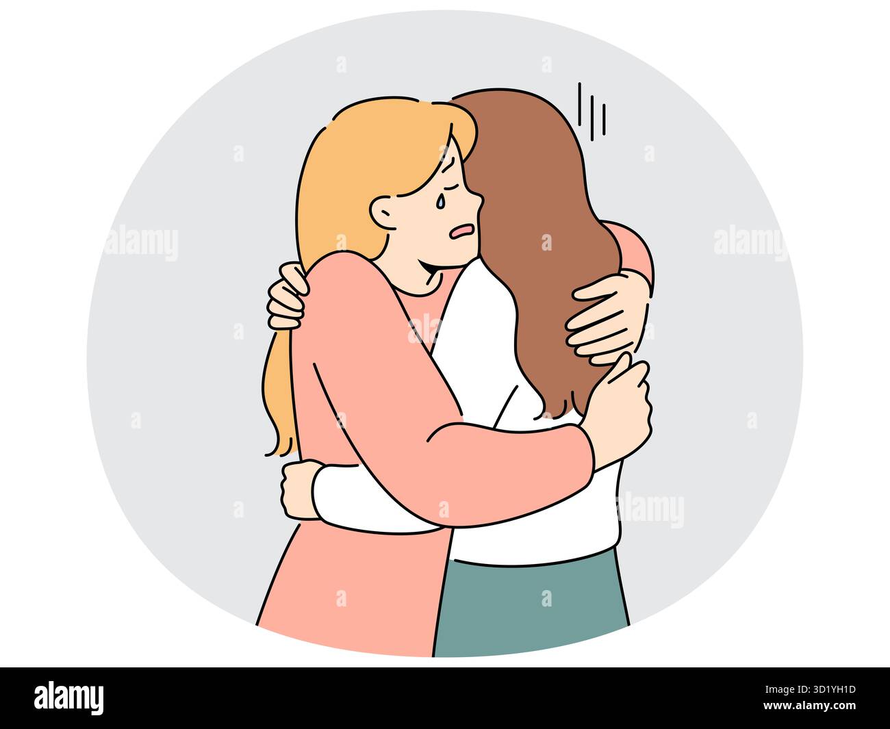 Unterstützende Frau umarmen weinende unglückliche Freunde leiden unter Trennung oder Scheidung. Fürsorgliche weibliche Umarmung unterstützt eine verstörte, verärgerte Freundin, die sich unten fühlt. Ve Stockfoto