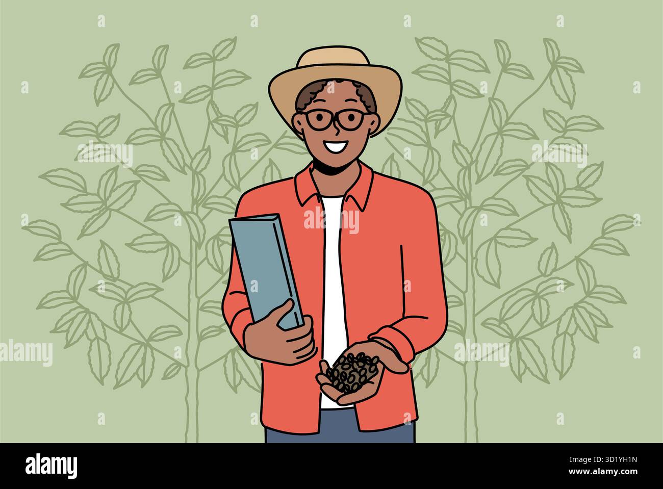 Lächelnder afroamerikanischer Mann, der Kakaobohnen im Garten sammelt. Glücklicher schwarzer Mann mit Kaffeebohnen auf der Plantage. Landwirtschaft und Ernte. Vektorbeleuchtung Stockfoto