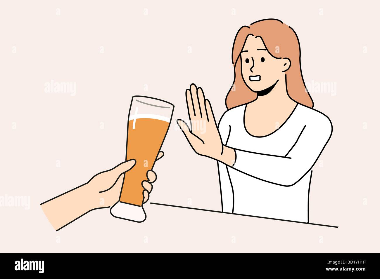 Frau weigert sich von extra Glas Bier in der Bar. Entschlossenes Mädchen sagt nein zu Alkohol und übermäßigem Alkoholkonsum. Suchtproblem. Vektor krank Stockfoto