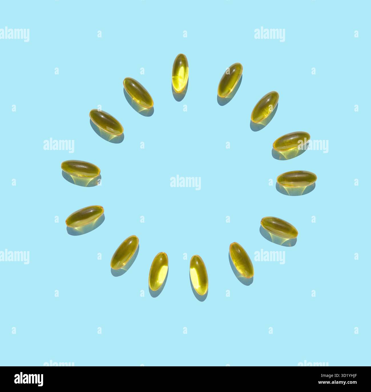 Omega3-Gelkapsel. Gelbes Vitamin. Gesundheit Essen. Diätetikum. Fischöl-Ergänzung. Cirlce-Konzept. Goldenes Softgel Col Stockfoto