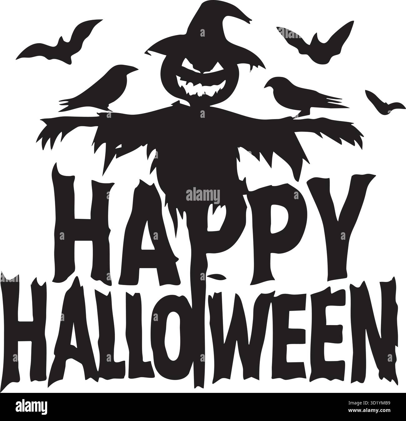 Happy Halloween Gruß mit gruseliger Vogelscheuchen Silhouette, Fledermäuse und Krähen isoliert auf weißem Hintergrund Stock Vektor