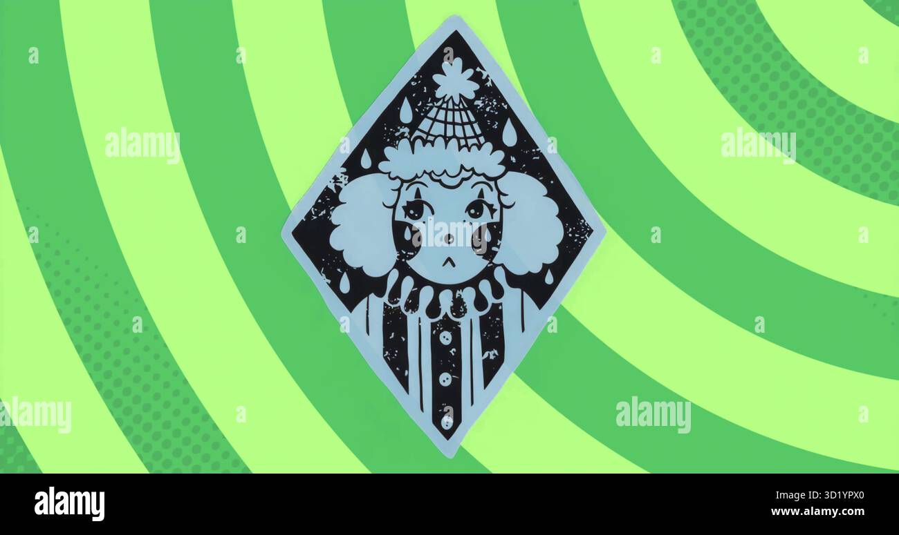 Zeigt eine Zeichentrickfigur mit Bommelmütze und Rüschenkragen im Diamantrahmen, umgeben von grünen Bögen Stockfoto