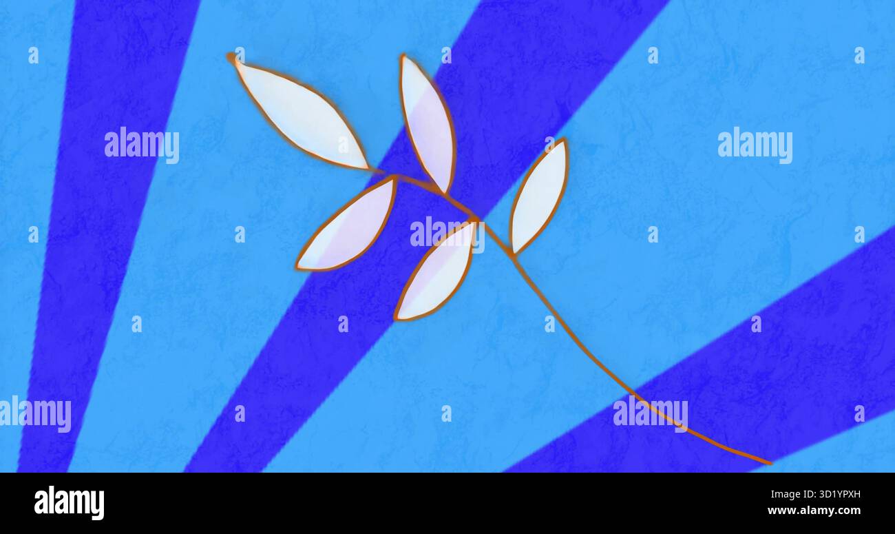 Schwebender, schlanker brauner Zweig, der diagonal im strahlenblauen Hintergrund verläuft, mit sieben weißen Blättern Stockfoto