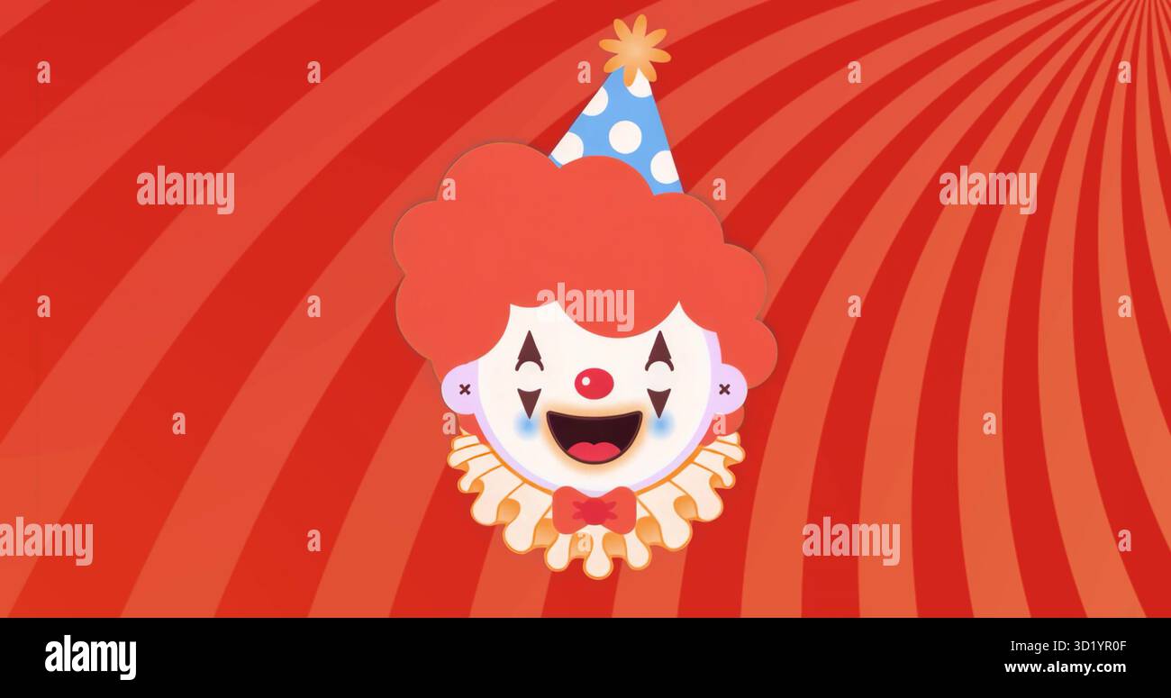 Das Gesicht des Comic-Clown trägt Partyhut und Rüschenkragen vor einem rot gestreiften Hintergrund Stockfoto