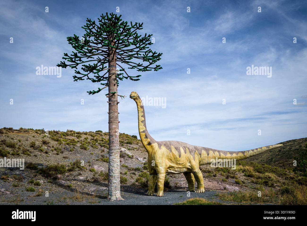 Araukaria und Sauropoden, lebensgroße fossile Stammlagerstätte, Igea, La Rioja, Spanien, Europa Stockfoto
