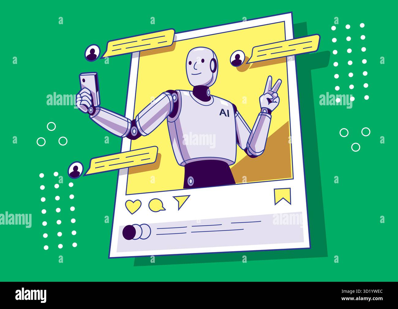 Ein freundlicher KI-Roboter macht ein Selfie, während er auf Social Media-Plattformen mit Sprechblasen interagiert. Technologiekonzept Stock Vektor