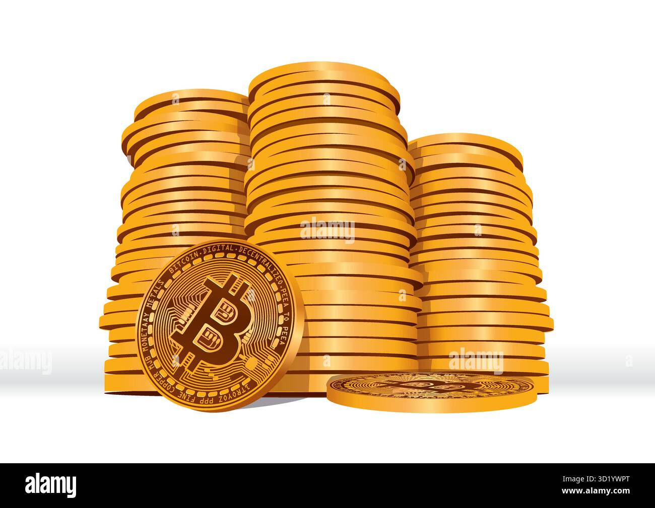 Ein großer Stapel von Bitcoin-Münzen mit einer prominenten Münze im Vordergrund, die den Wert und die Bedeutung von Kryptowährung im modernen Finanzwesen unterstreicht. Stock Vektor