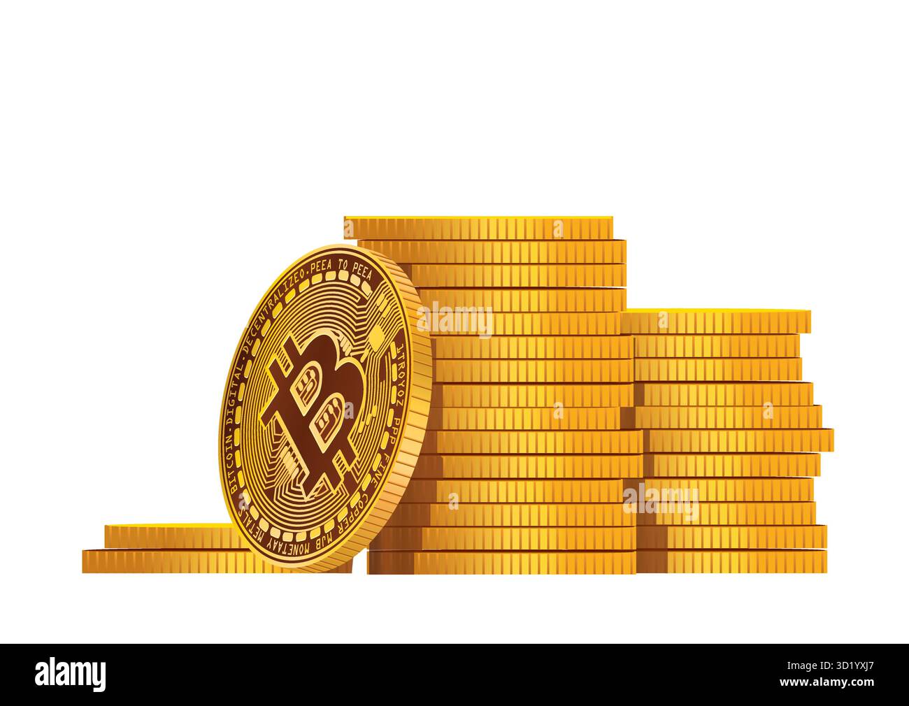 Eine Sammlung gestapelter Bitcoin-Münzen mit einer prominenten Münze im Vordergrund, die Reichtum und Investitionen in Kryptowährung symbolisiert. Stock Vektor