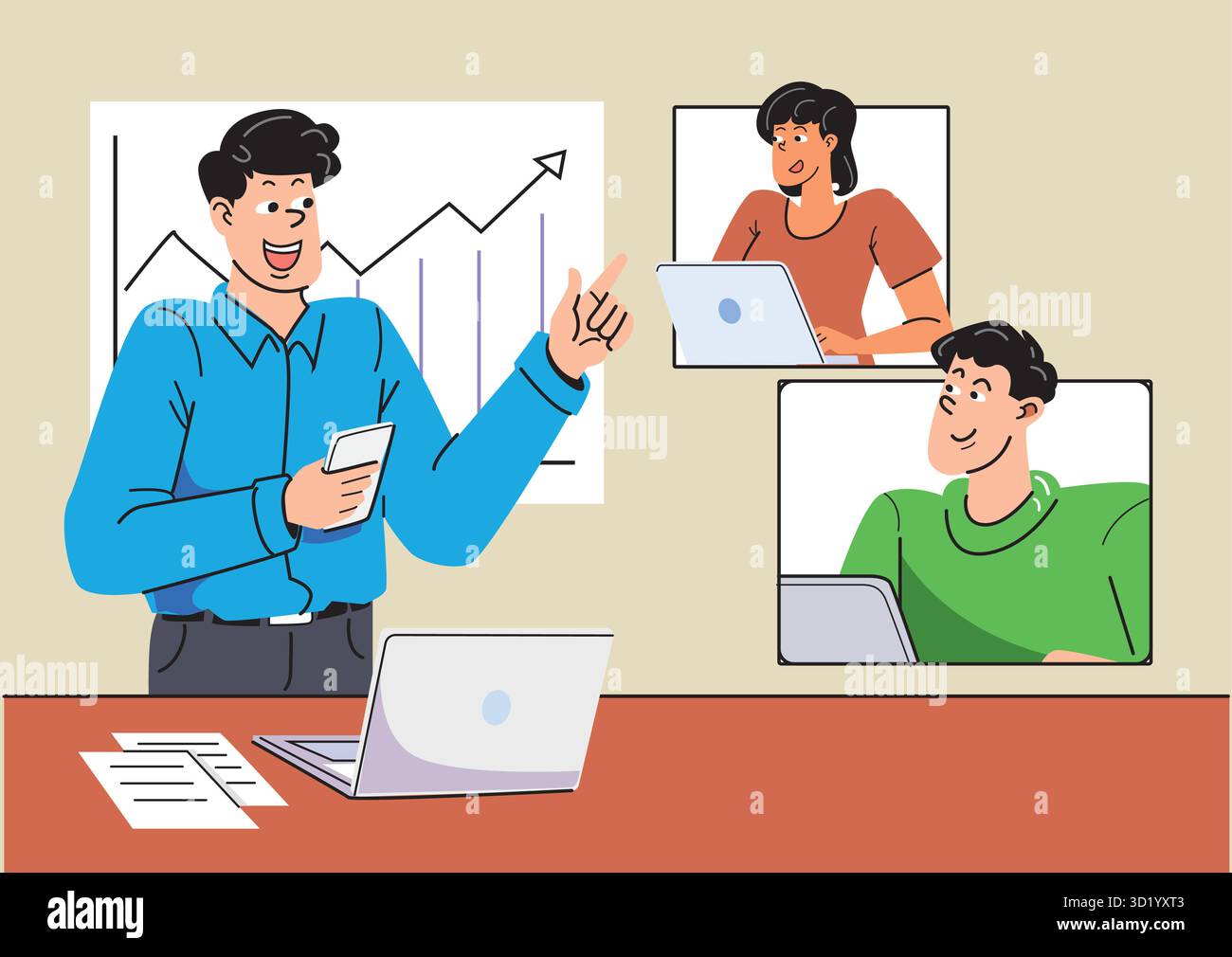 Geschäftsteam, das sich in einem virtuellen Meeting mit einem Referenten über Wachstumstrends mit Diagrammen und Technologien für eine effektive Kommunikation einsetzt. Stock Vektor