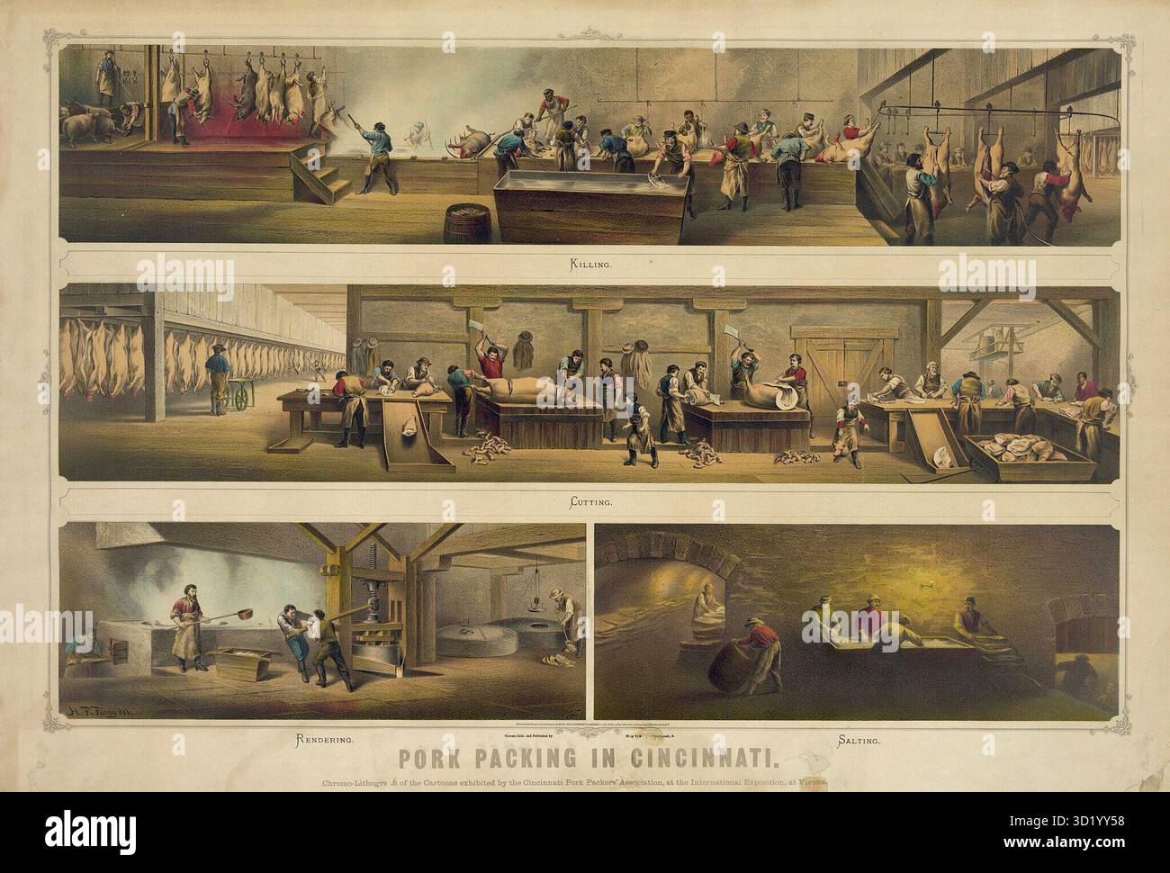 Historisches Illustrationskunstwerk mit dem Titel Pork Packing in Cincinnati, das vier Szenen des Fleischverpackungsprozesses zeigt – Töten, Schneiden, Rendern und Salzen. Als Chromolithograph von Ehrgott & Krebs im Jahr 1873 für die Cincinnati Pork Packers’ Association erstellt und auf der Internationalen Ausstellung in Wien ausgestellt. Stockfoto