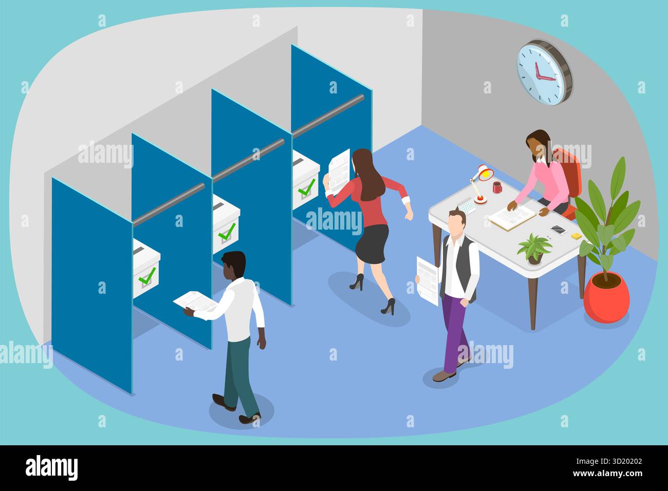 3D Isometrische flache Illustration der politischen Wahl, Polling Station 3D Isometrische flache Illustration der politischen Wahl, Po Stockfoto