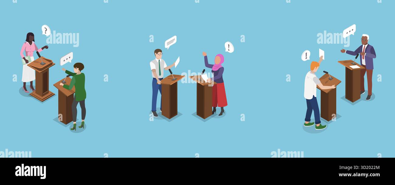 3D Isometrische flache Illustration politischer Debatten, Bühne Kommunikation mit Argumenten 3D Isometrische flache Illustration von Poli Stockfoto