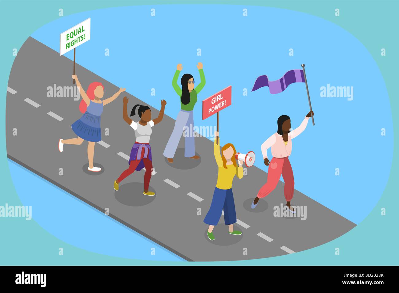 3D Isometrische flache Illustration des wütenden Feminist Demonsters , Gruppe verschiedener Menschen bei Picket 3D Isometrische flache Illustration Stockfoto