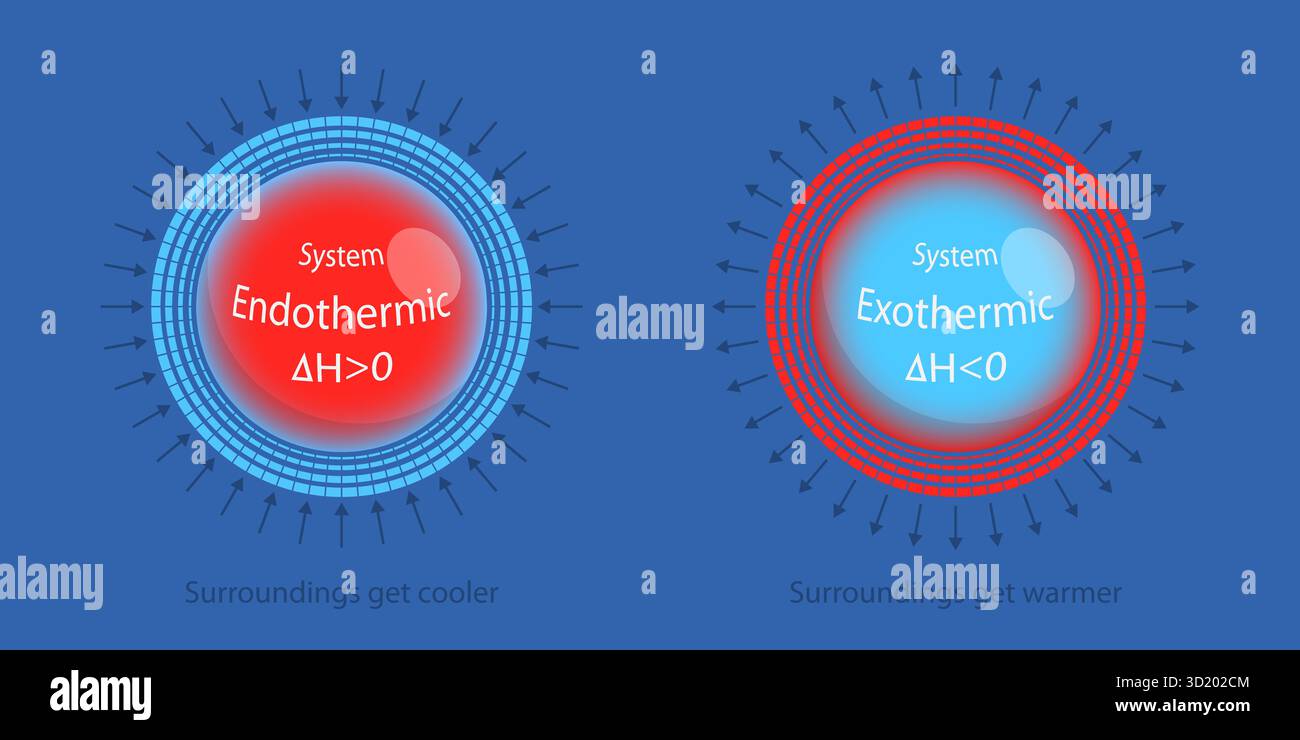 3D Isometric Flat Illustration exothermer und endothermischer Prozesse, Arten chemischer Reaktionen 3D Isometric Flat Illustra Stockfoto