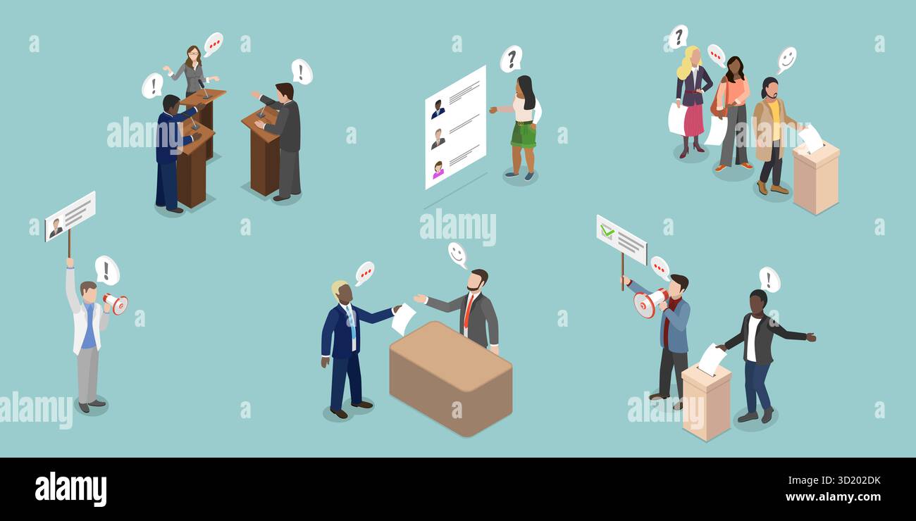 3D Isometrische flache Illustration des politischen Wahlprozesses , Debatten und demokratischer Abstimmung 3D Isometrische flache Illustration von Stockfoto
