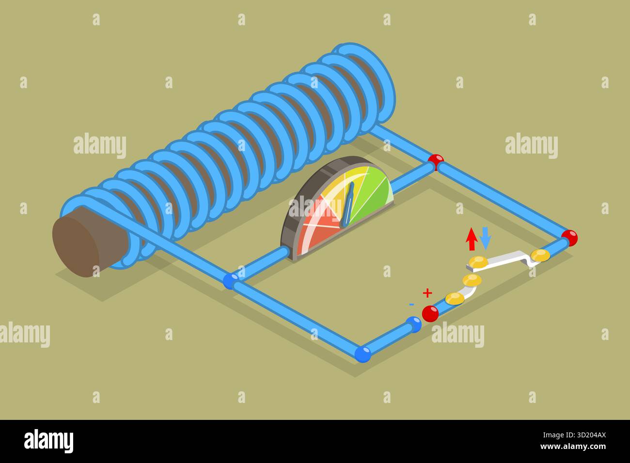 3D Isometrische flache Darstellung der elektromagnetischen Induktion, Magnetfeld eines Magnetventils 3D Isometrische flache Abbildung von El Stockfoto