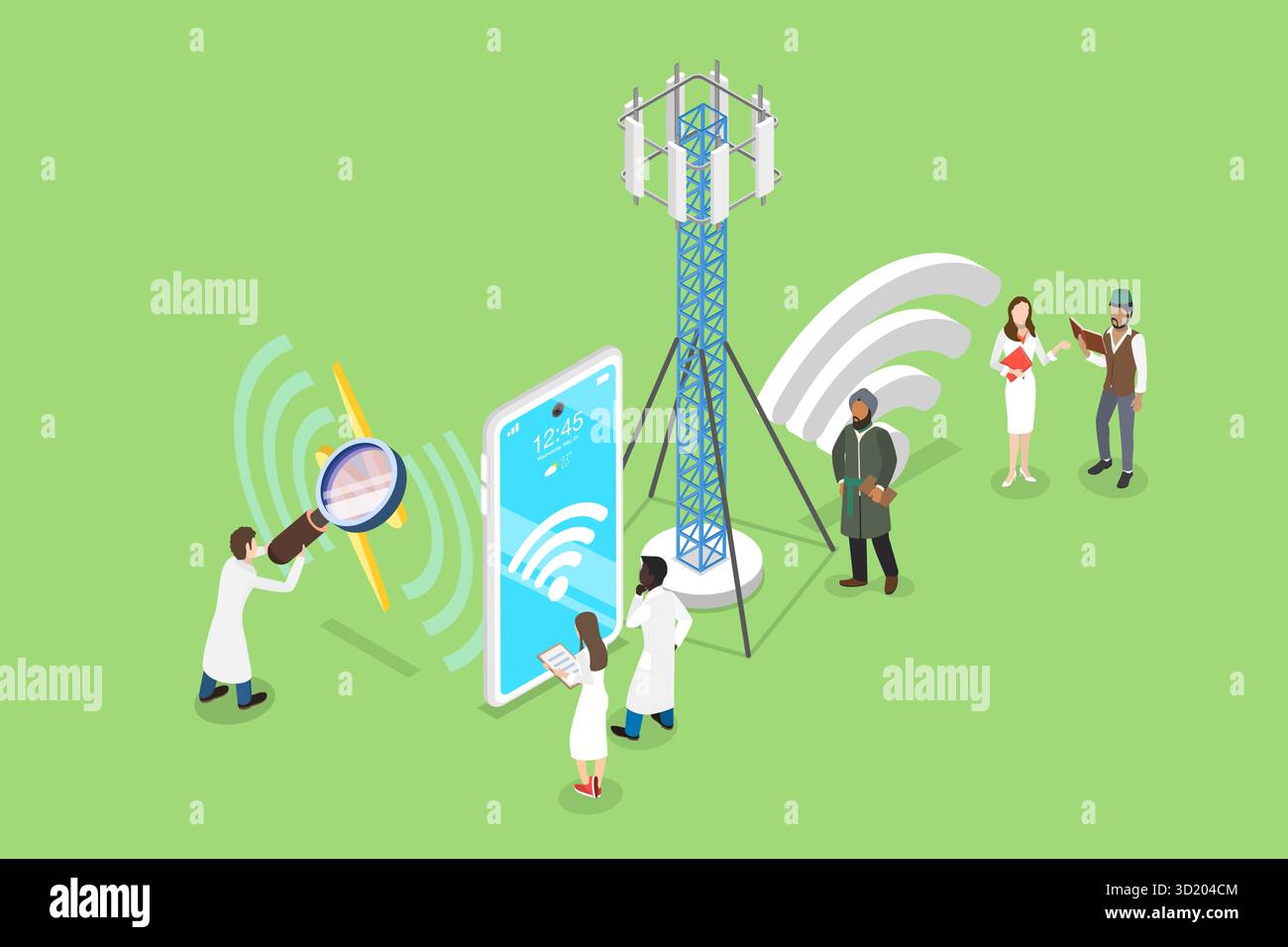 Isometrische flache 3D-Illustration von elektromagnetischen Feldern, EMF-Wellen von Geräten und Geräten 3D Isometrische flache Illustration Stockfoto