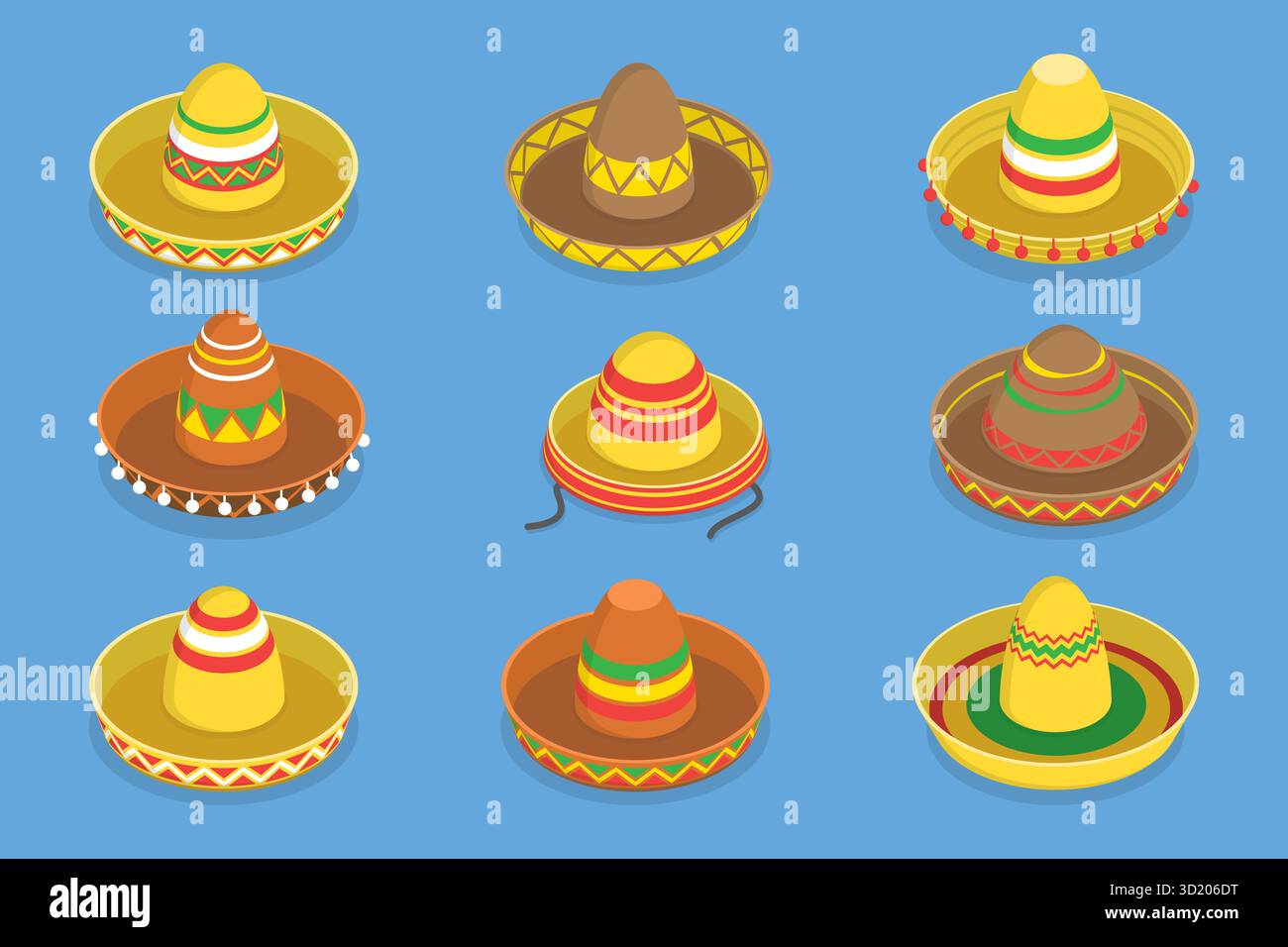 3D Isometrischer flacher Satz mexikanischer Hüte, traditionelle Kostümelemente 3D Isometrischer flacher Satz mexikanischer Hüte, traditionelles Kostüm Stockfoto