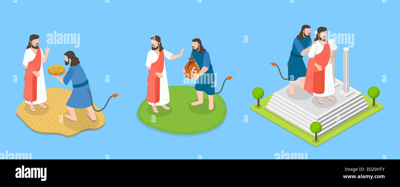 Isometrische flache 3D-Illustration von Christus versucht durch den Teufel, biblische Szenen3D Isometrische flache Illustration von Christus versucht durch Stockfoto