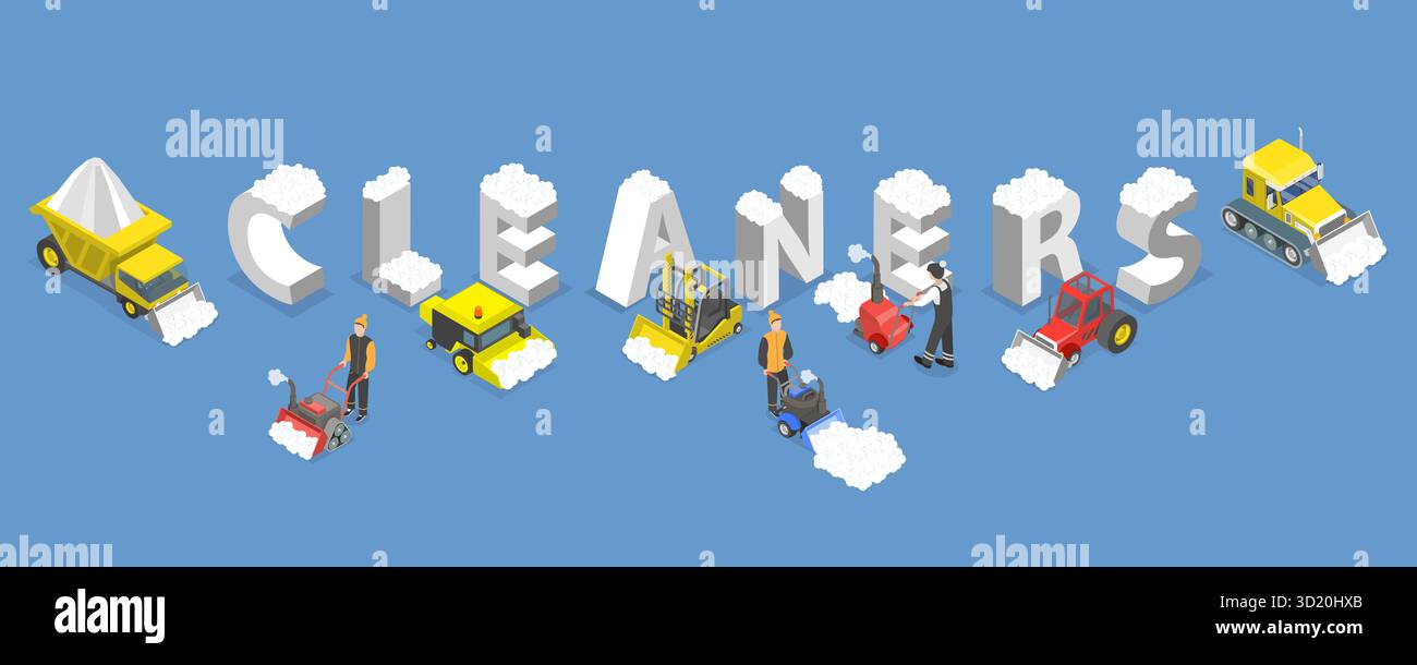 Isometrische flache 3D-Illustration von Schneereinigern, Schneestraße Cleanup3D Isometrische flache Illustration von Schneereinigern, Schneestraße Stockfoto