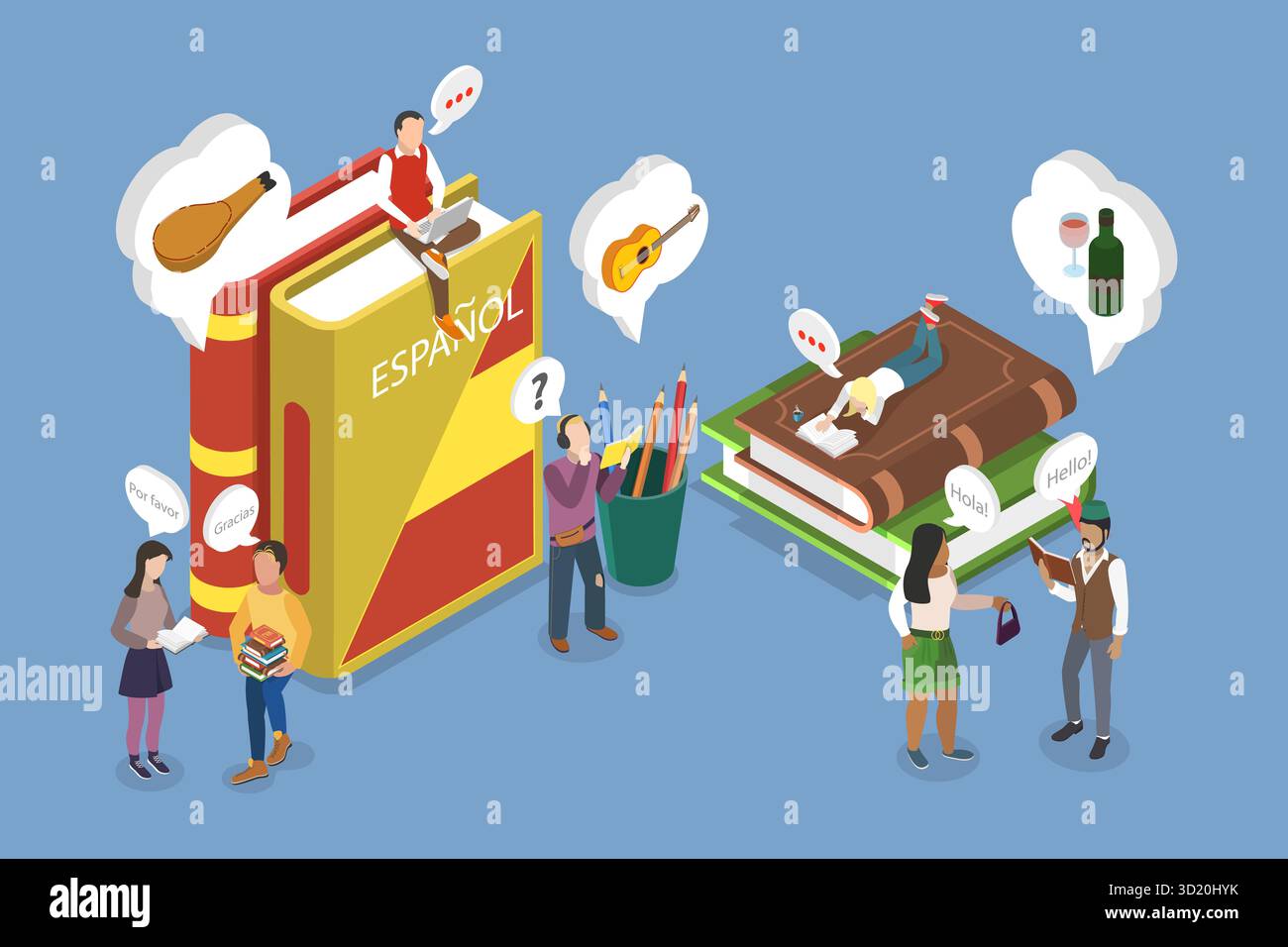 3D Isometrische flache Illustration des Spanischkurses, zeitgenössisches Bildungsprogramm 3D Isometrische flache Illustration des Kurorts Stockfoto