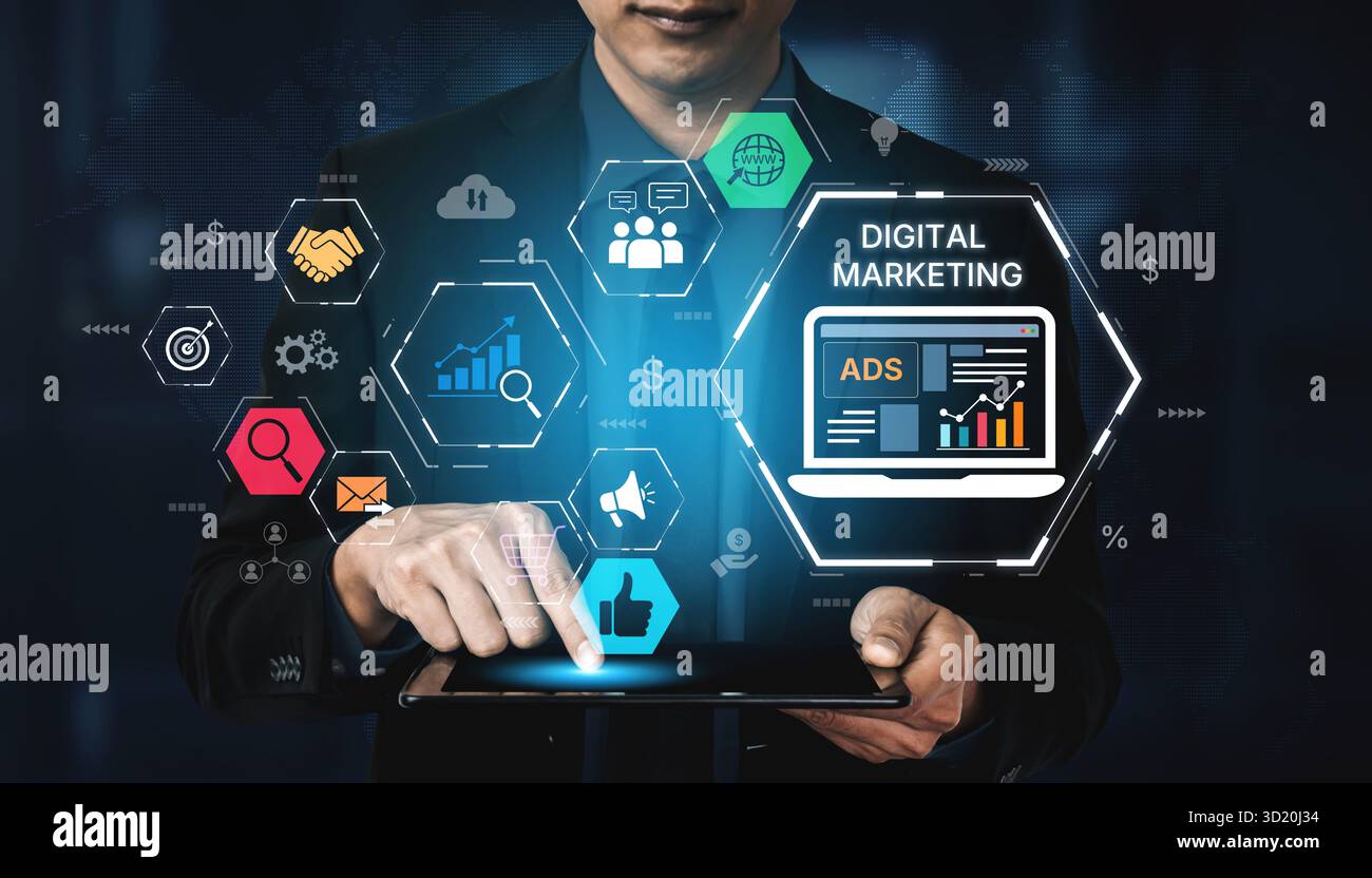 Online-Werbung und digitales Marketing helfen Marken zu wachsen. Content-Marketing fördert die emotionale Bindung. Marketingtools steigern den ROI. Effektive Werbung und Marketing fördern o Stockfoto