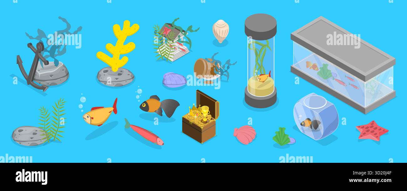 3D Isometrischer flacher Satz Aquarien, schöne Fischtanks3D Isometrischer flacher Satz Aquarien, schöne Fischtanks Stockfoto