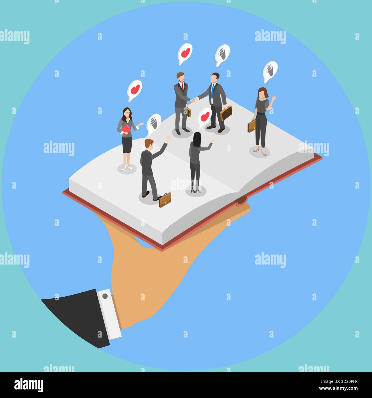 Isometrische 3D-Illustration des Mitarbeiterhandbuchs, der Onboarding neuer Mitarbeiter und der Unternehmensverfahren für Neueinstellungen Stockfoto