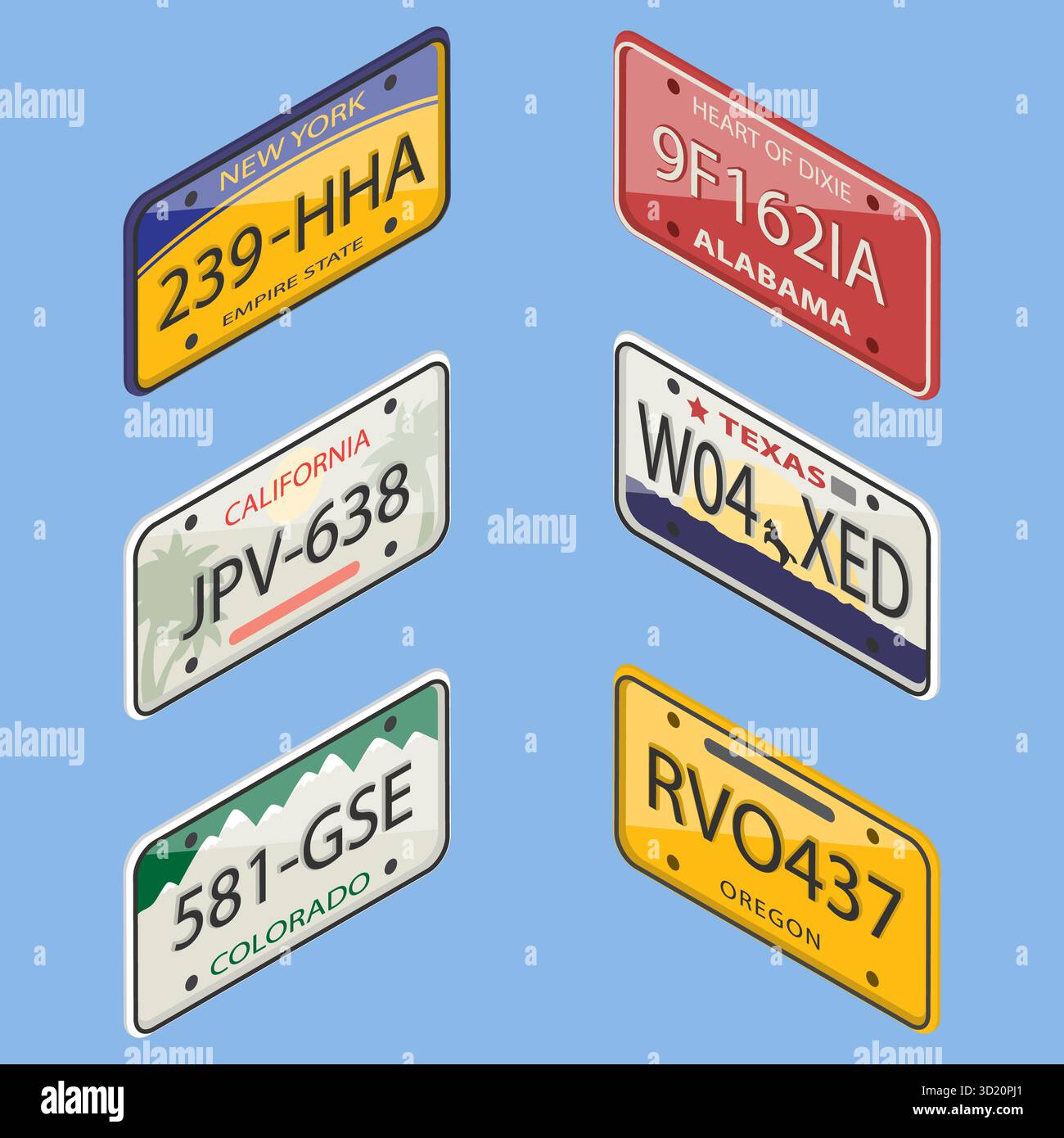 3D Isometrischer flacher Satz von Nummernschildern, Sammlung aus verschiedenen US-Bundesstaaten Stockfoto