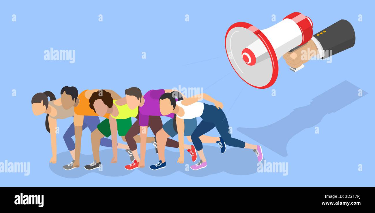 3D Isometrische flache Illustration von bereit zum Sprint Einen Marathon zu laufen , Rivalität zwischen Kollegen Stockfoto