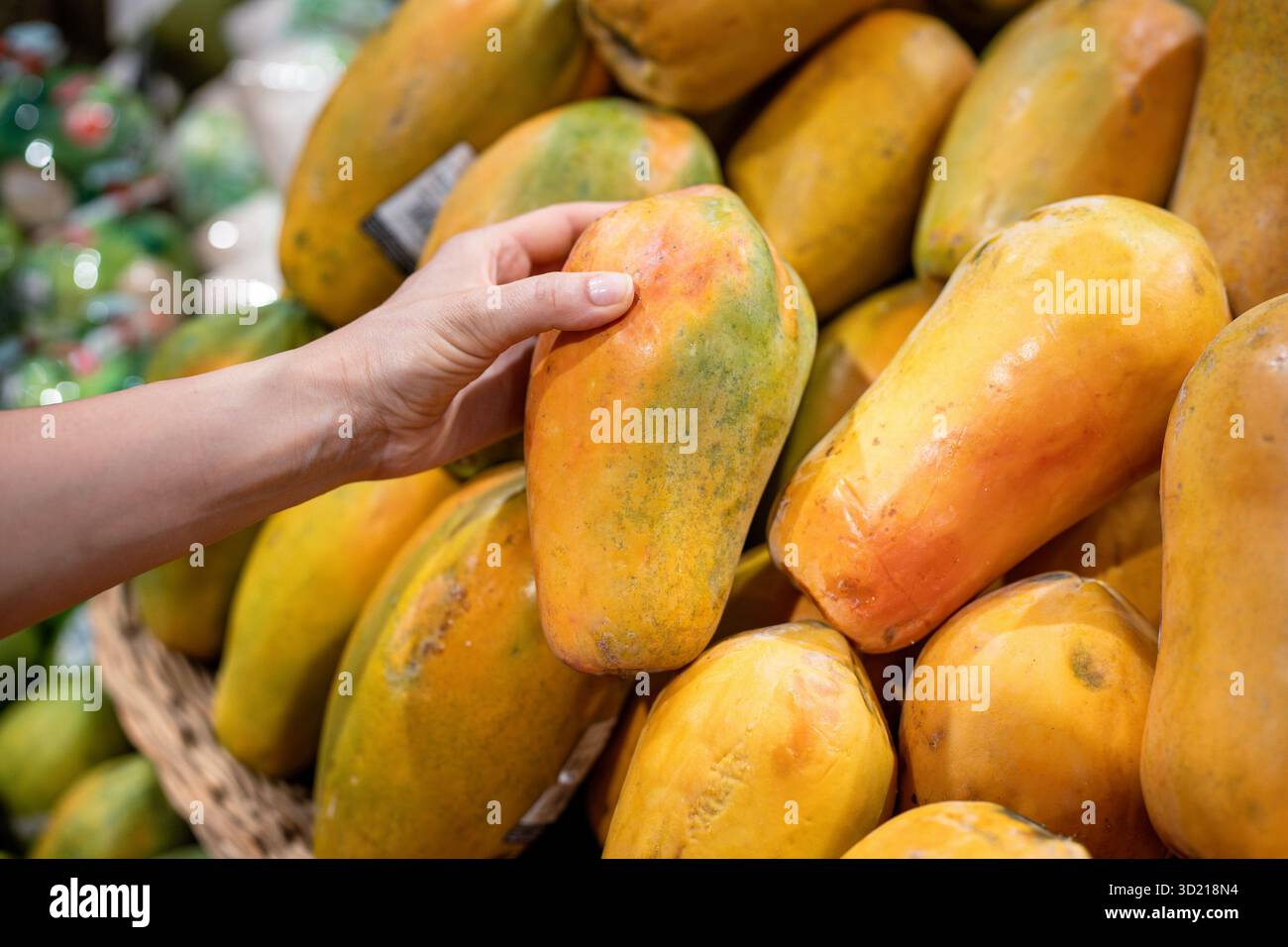 Touristen überprüfen reife weiche Papaya und wählen das beste Stück am Markt Obst Theke, Essen einkaufen Stockfoto