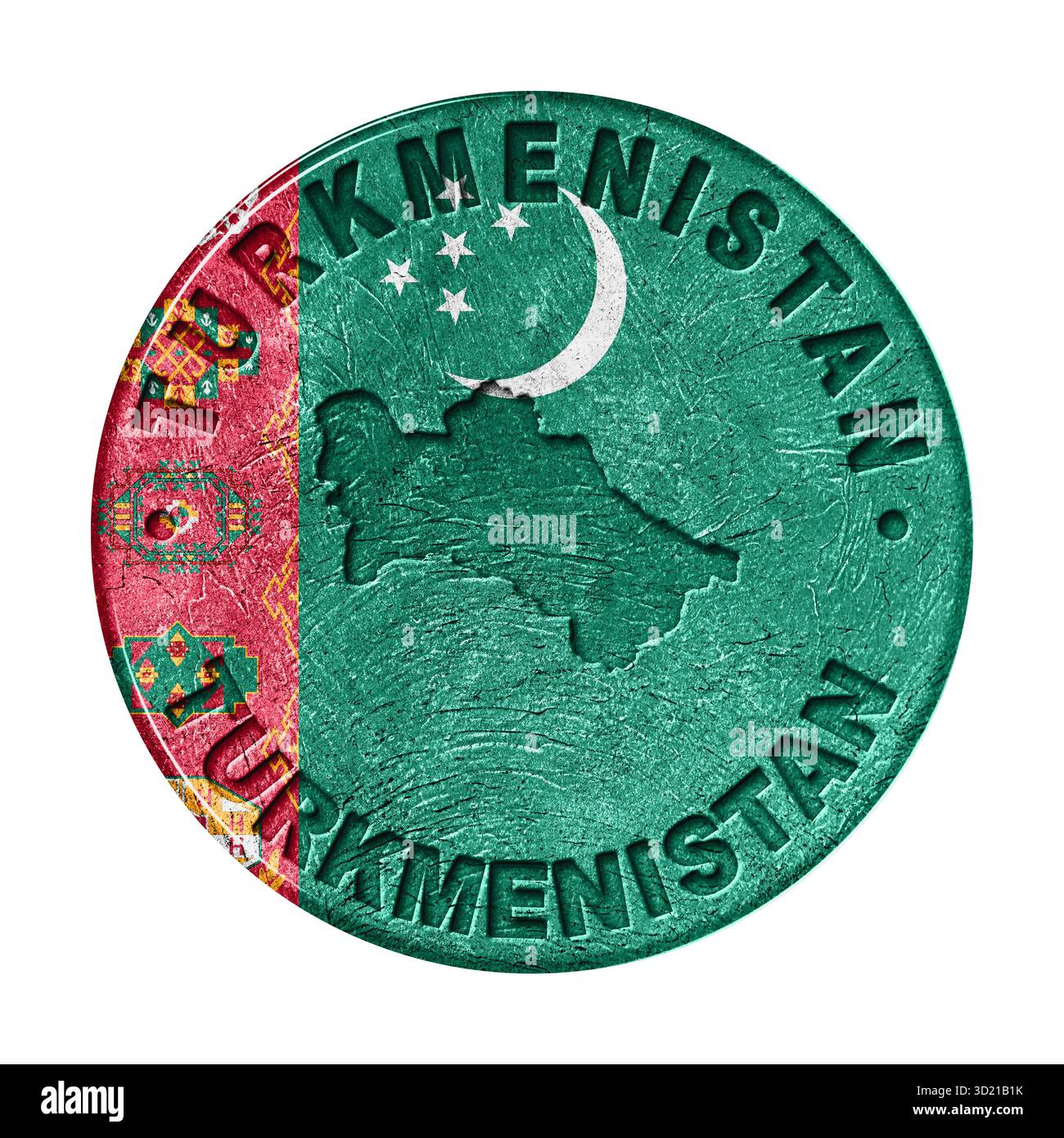 Turkmenistan Flag-Schaltfläche mit Karte, Retro-Stil Stockfoto