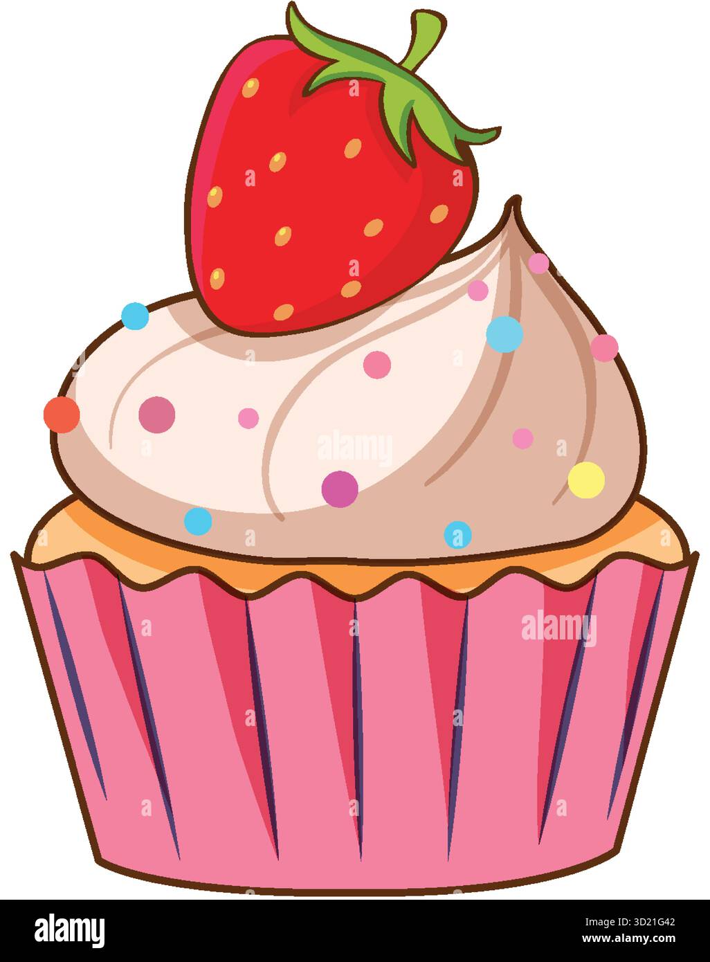 Cartoon Vektor Cupcake mit rosa Verpackung, verdrehtem Frosting, Streuseln und ganze Erdbeere oben. Stock Vektor