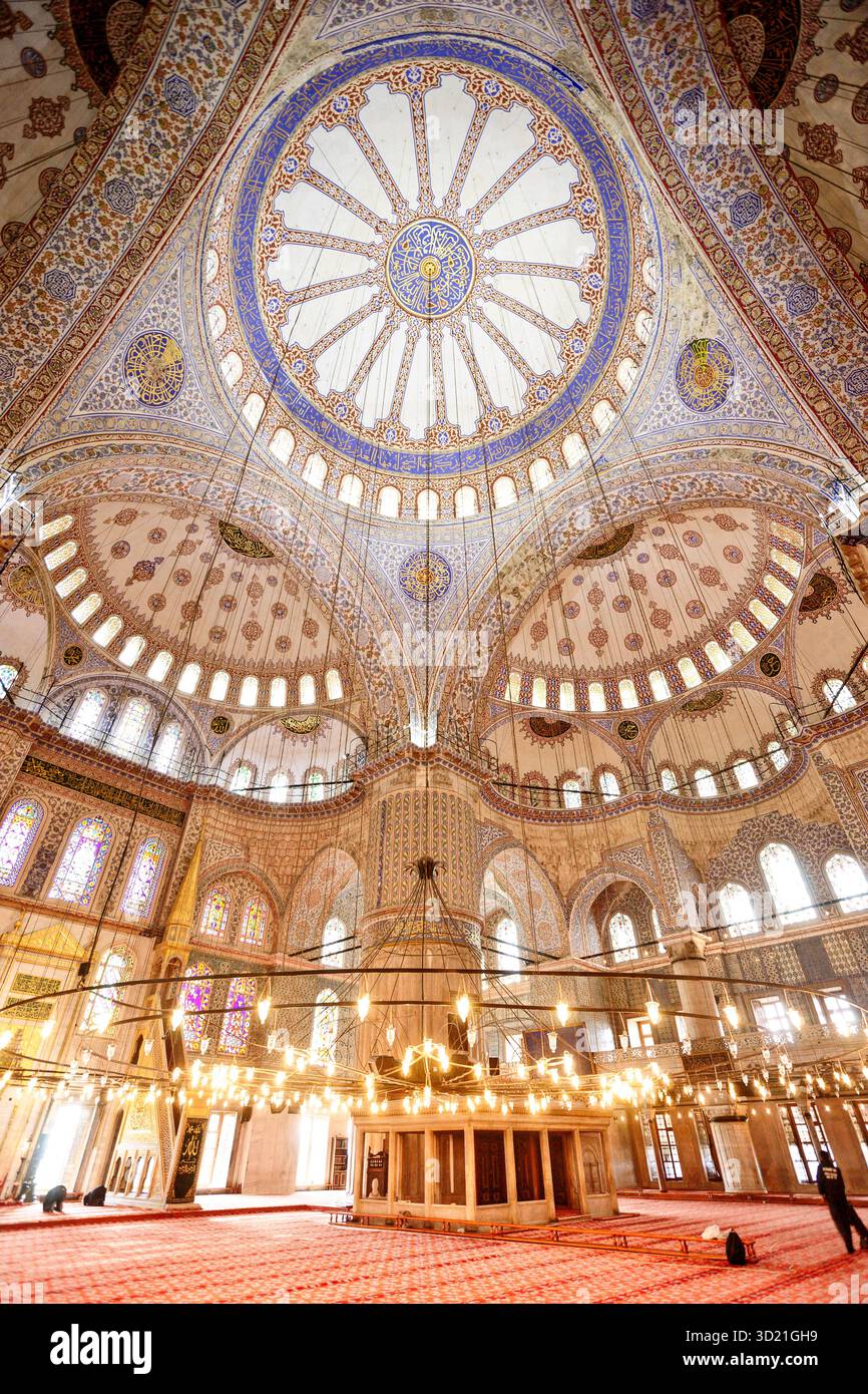 Blaue Moschee, Sultan-Ahmed-Moschee im Inneren, (Jahr 1616) Bezirk Sultanahmet, Istanbul, Türkei Stockfoto
