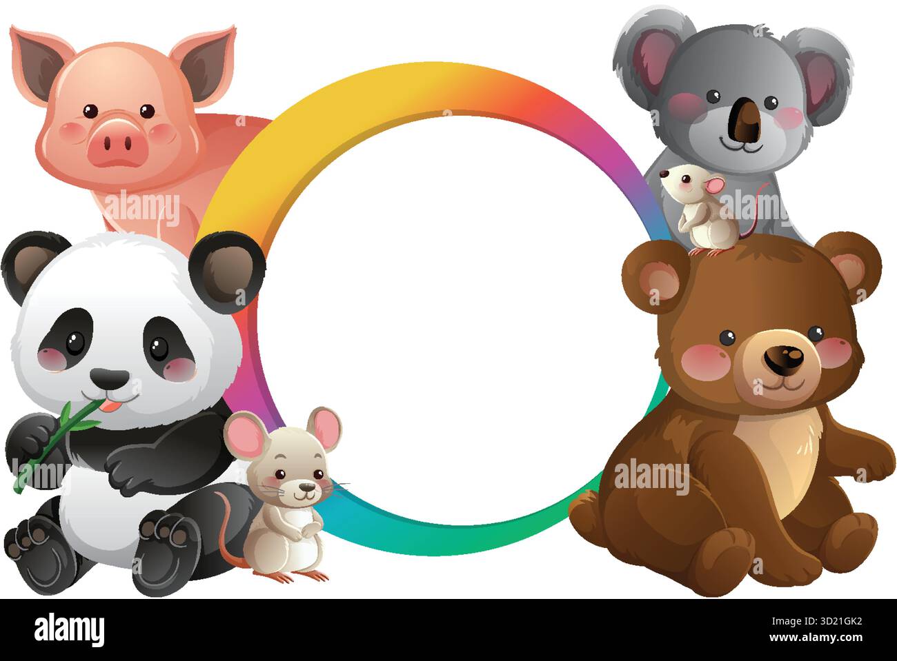Niedliche Baby-Panda, Schwein, Bär, Koala und Mäuse umgeben einen leuchtenden Regenbogenkreis Stock Vektor